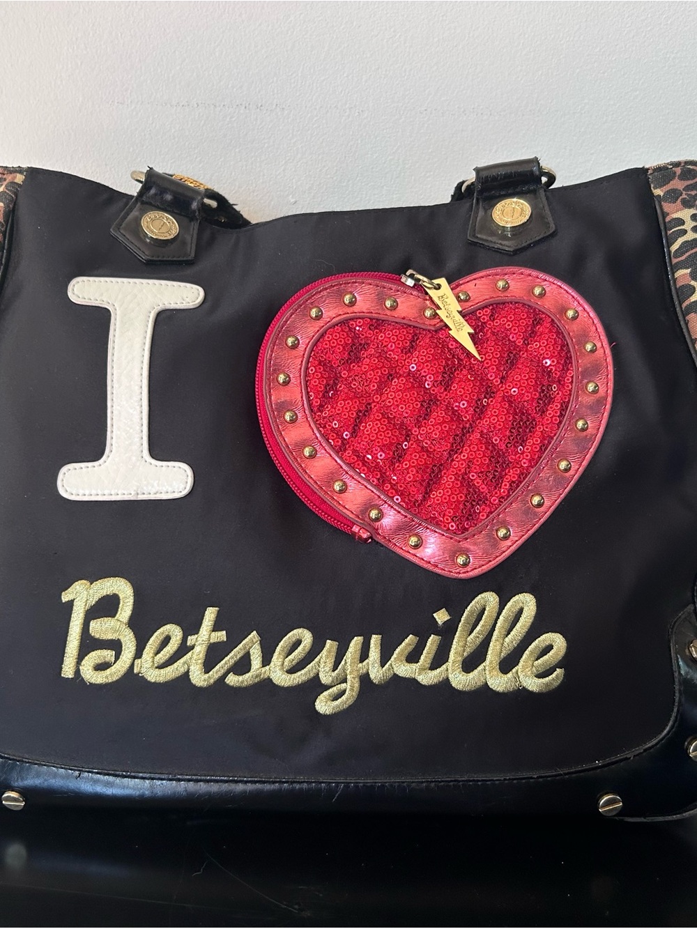 Vintage Y2K Betseyville Betsey Johnson Sequined Heart Leopard Tote Bag Purse